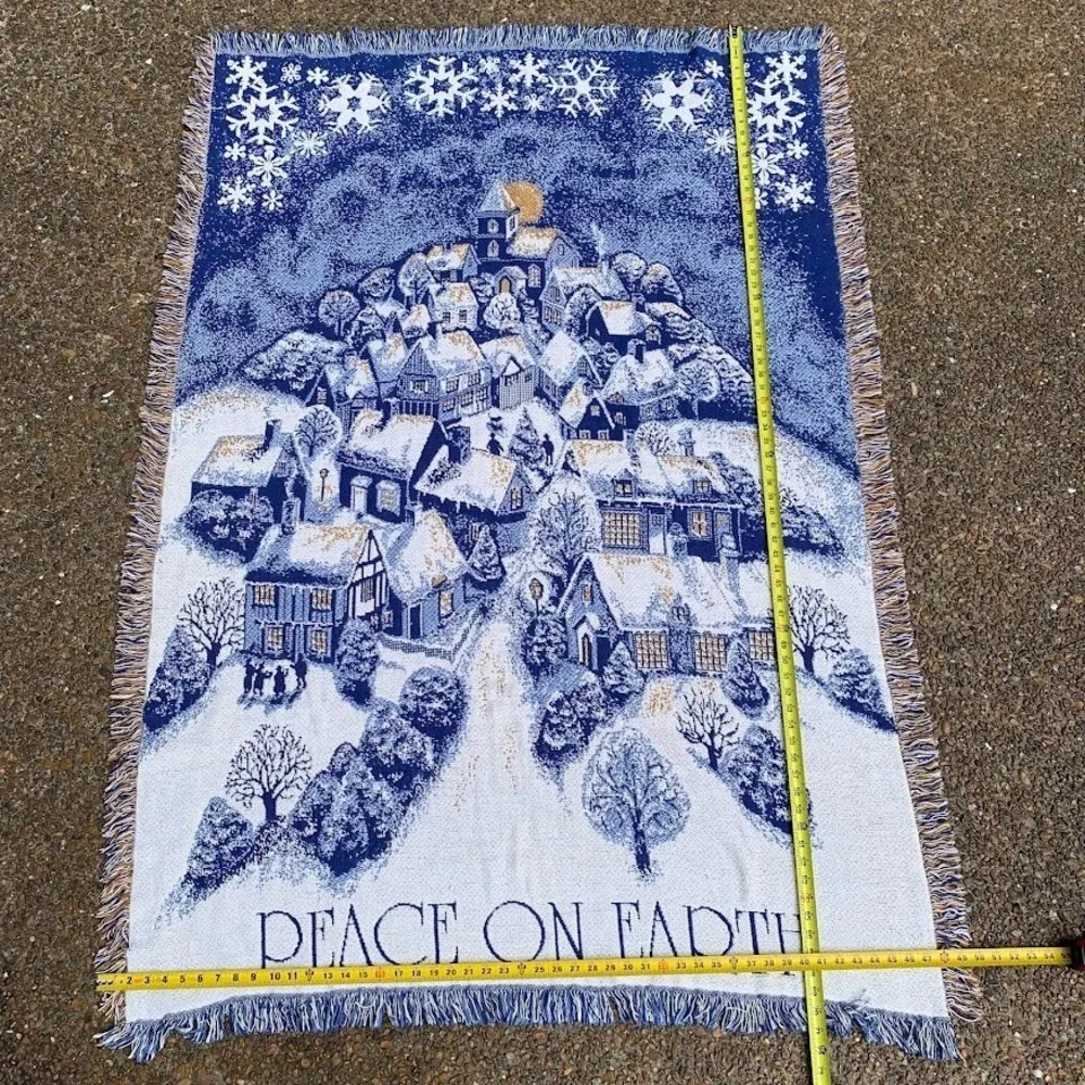 Vintage Peace On Earth Snow Village Holiday Woven Blanket Throw Tapestry